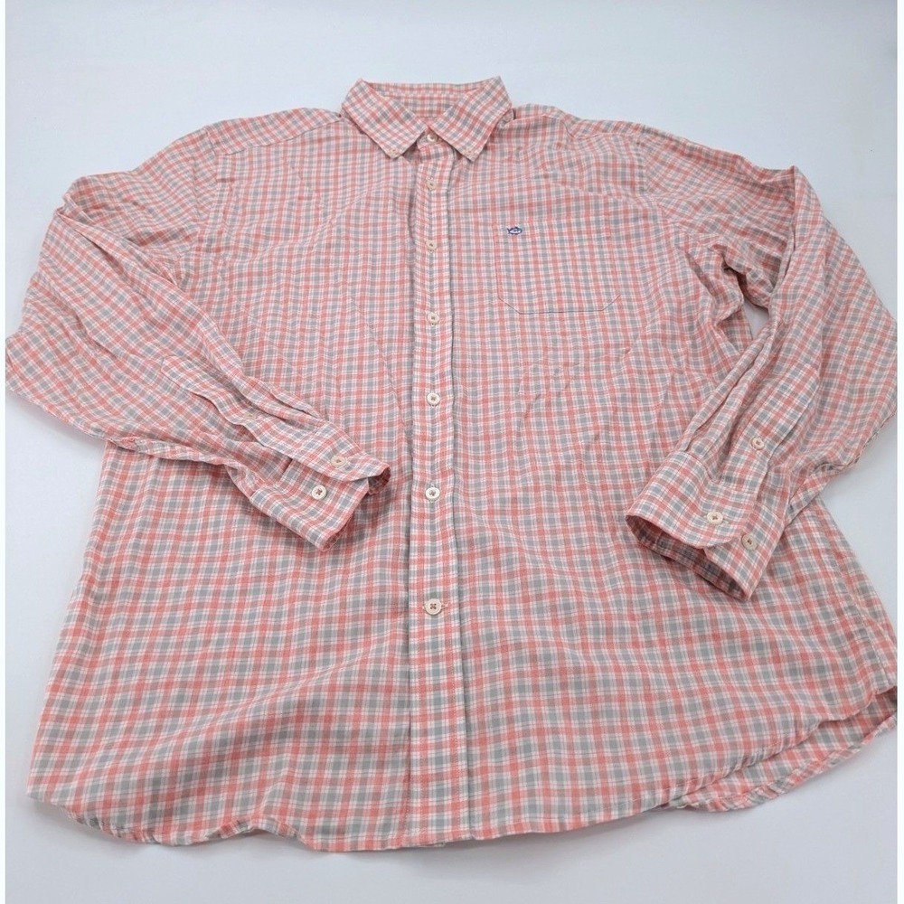Southern Tide Shirt Mens Large Classic Fit Plaid Button Down Peach Pink‎ Gray LS